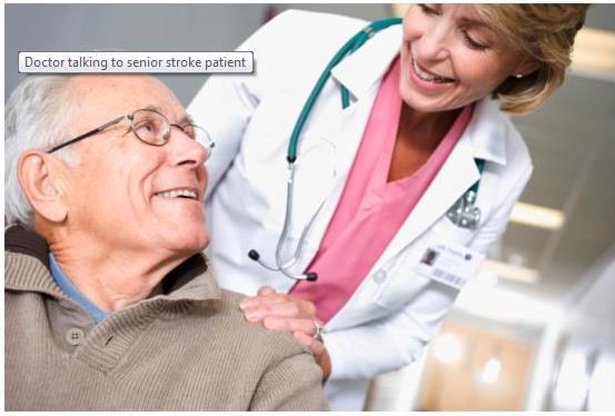 Alt tag that reads "Doctor talking to senior stroke patient"