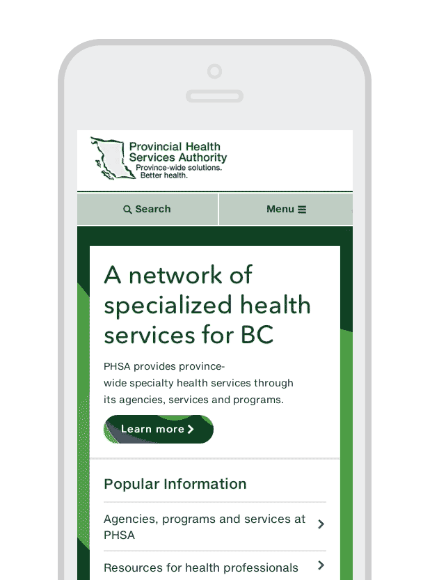 PHSA website menu in mobile view